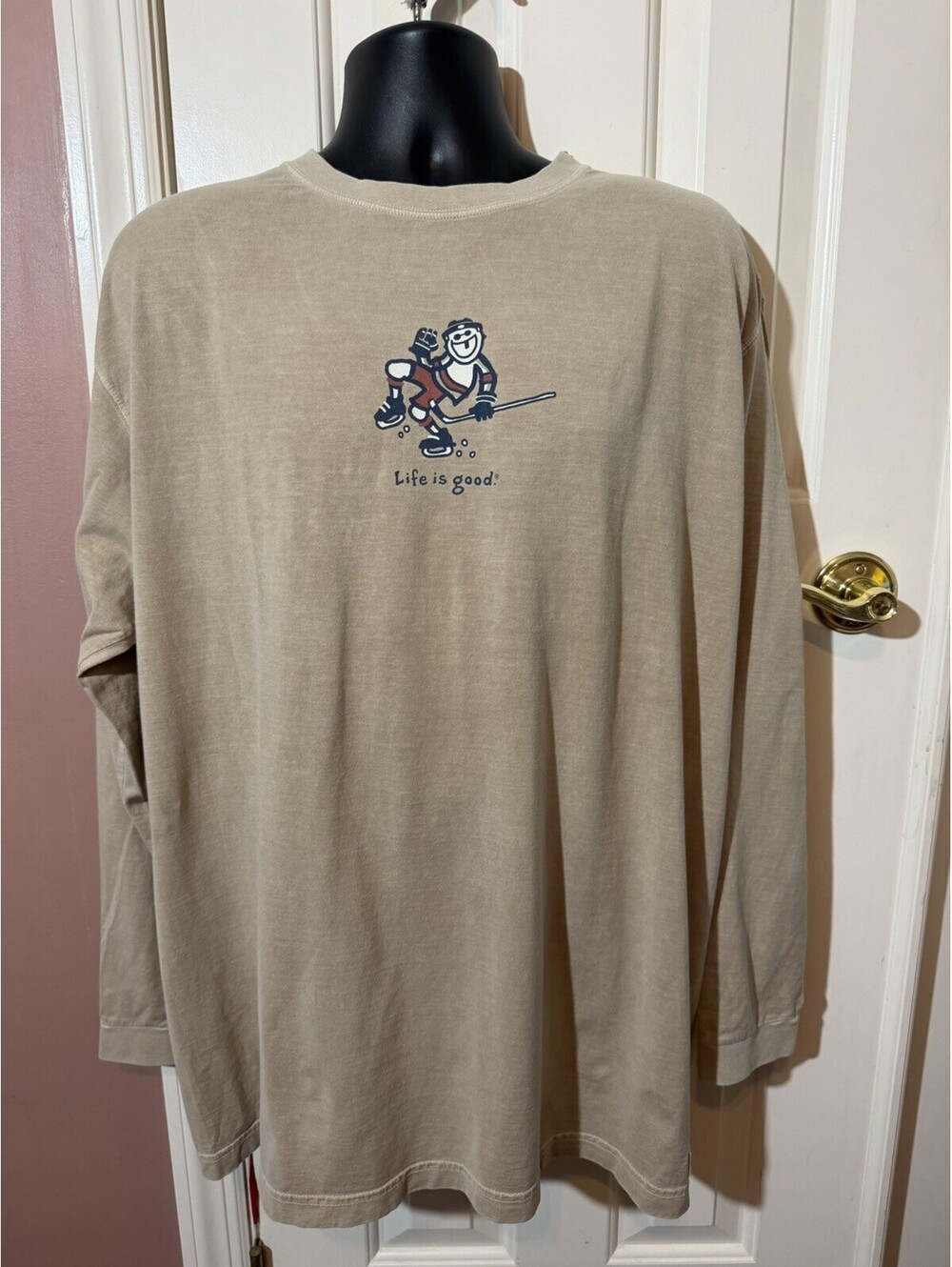 Life Is Good Hockey T Shirt Mens XL Long Sleeve Tan